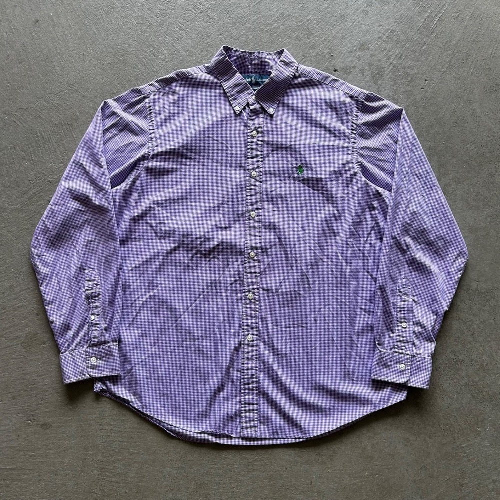 Vintage Polo Ralph Lauren Shirt Size XL‎ Purple Plaid Button Up Custom Fit Pony